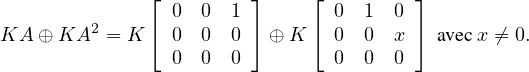            ⌊         ⌋    ⌊         ⌋
      2    ⌈ 0  0  1 ⌉    ⌈  0  1  0⌉
KA⊕ KA   = K   0  0  0   ⊕K    0  0 x    avecx ⁄= 0.
             0  0  0         0  0  0
